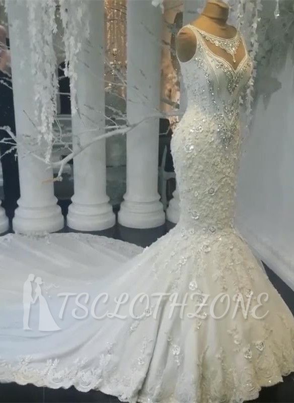 TsClothzone Unique Jewel Ärmellose weiße Brautkleider Mermaid Lace Brautkleider mit Applikationen Online