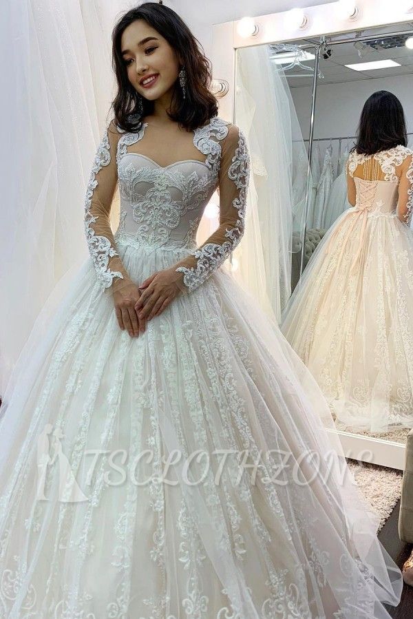 Glamorous Long  Sleeves White/Ivory Tulle Lace Bridal Dress