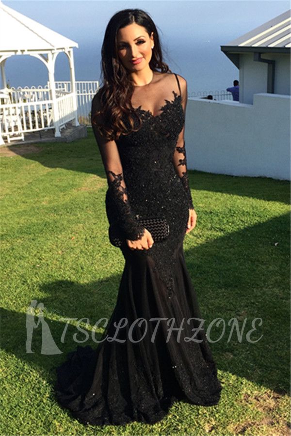 Long-Sleeve Black Prom Dresses | Sexy Mermaid Applique Tulle Formal Evening Dresses
