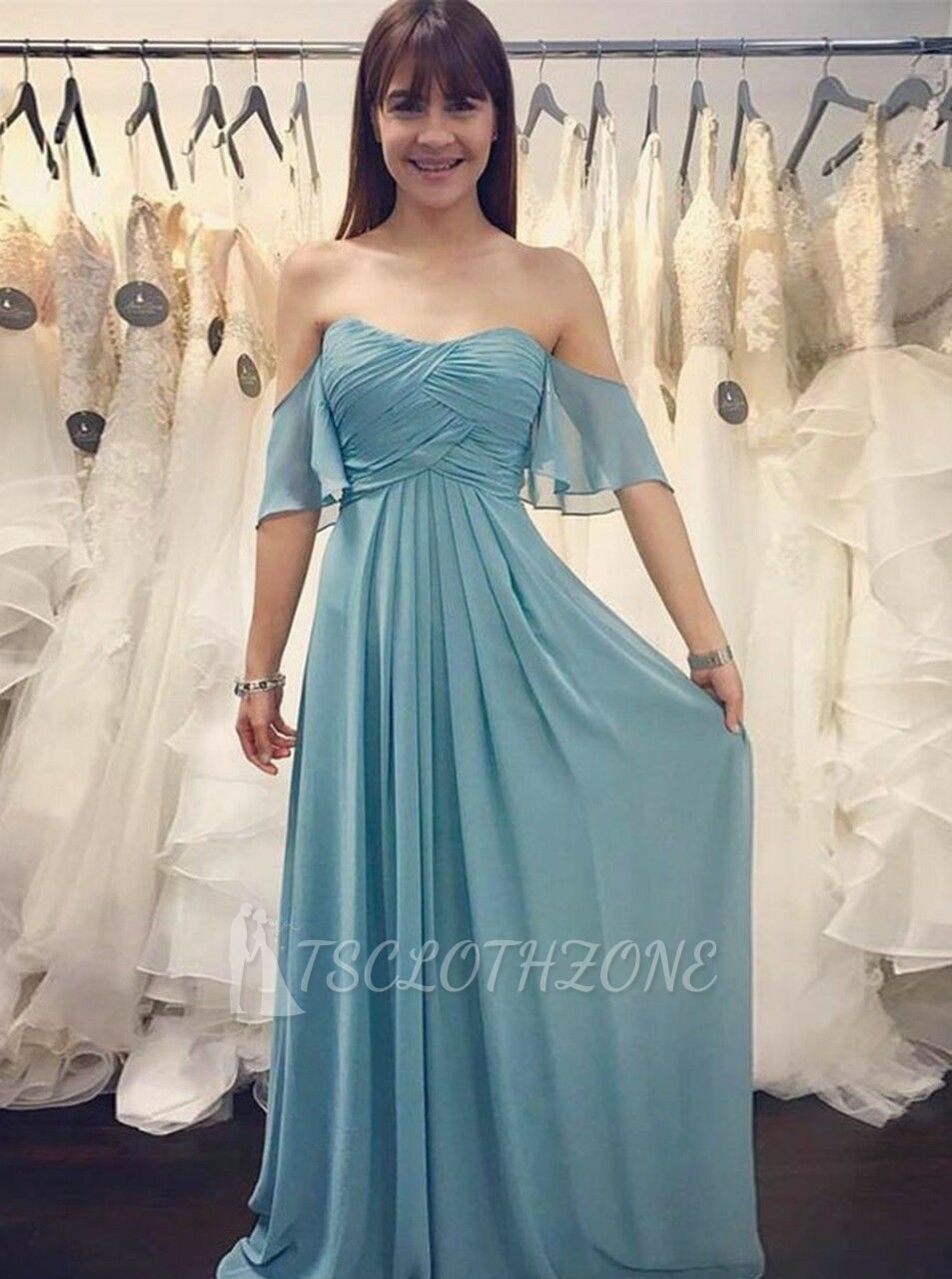 Ruffles Long Off-the-Should Ruched Blue Chiffon Bridesmaid Dress