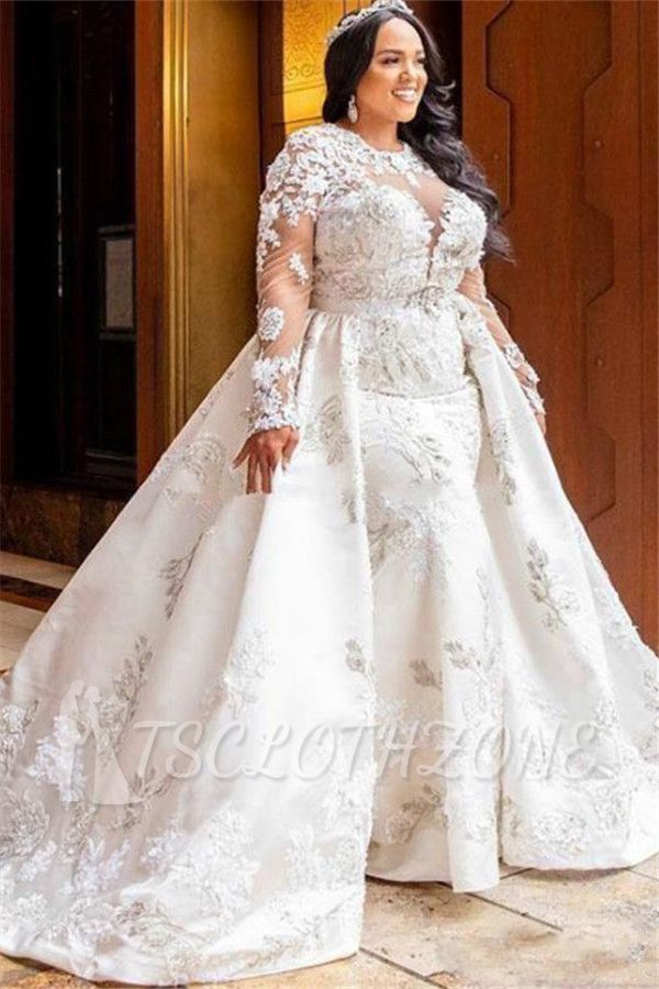 Long sleeve Lace White Mermaid Bridal Gowns with Trendy Overskirt