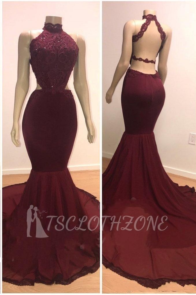 Lace Top High Neck Mermaid Long Burgundy Prom Dresses
