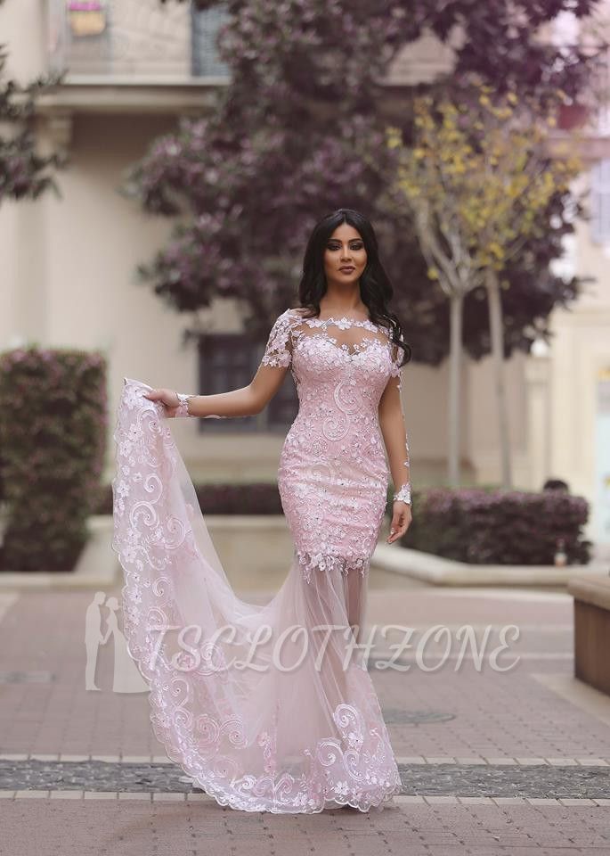 2022 Blushing Pink Prom Dresses Long Sleeve Lace Sexy Evening Dress Cheap