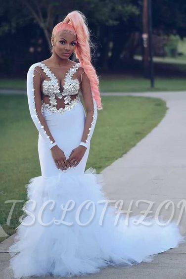 Sexy Illusion Long Sleeves Sequins Tulle Train Mermaid White Prom Dresses