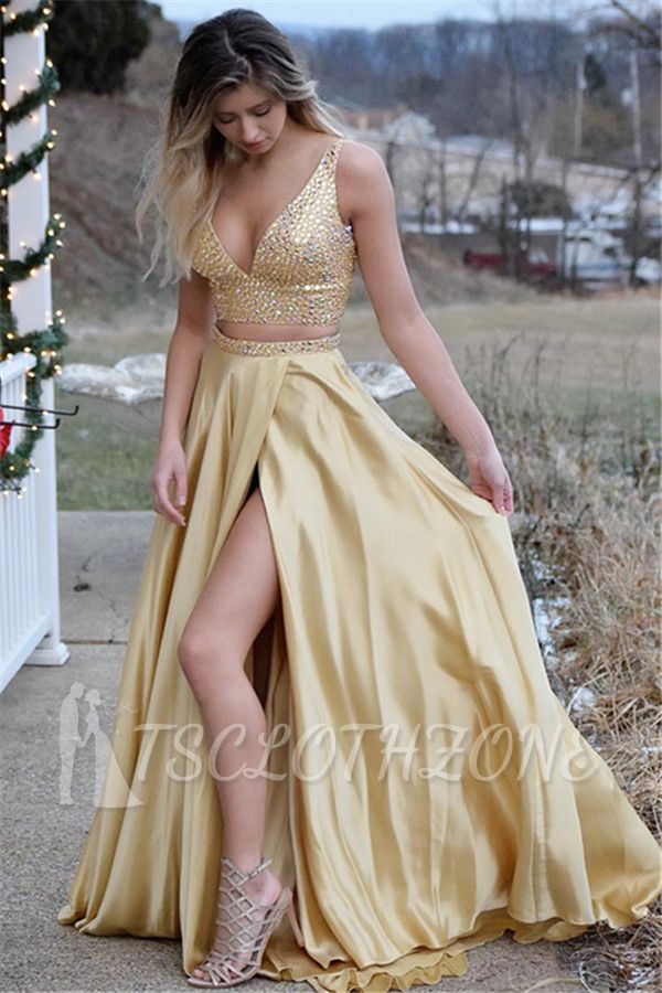 Sexy Gold Two Pieces V-Neck Evening Dresses | V-Neck Sleeveless Crystals Prom Dress