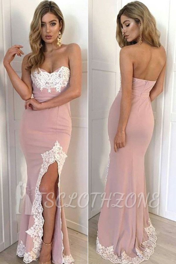 Sweetheart White Lace Appliques Formal Dress 2022 Pink Cheap Side Split Evening Gown