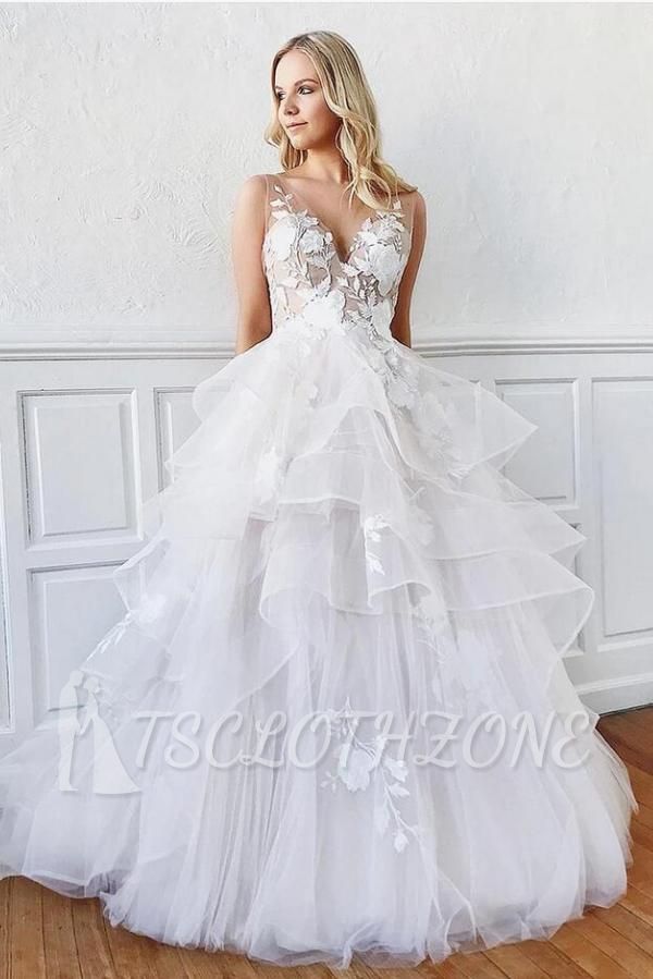 Spaghetti Straps Simple Wedding Dress with Layers Tulle Lace  Appliques