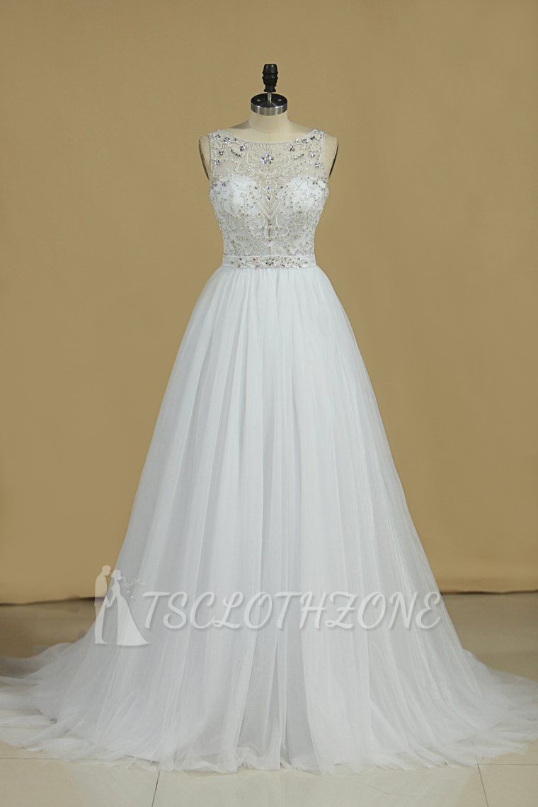 TsClothzone Gorgeous Jewel Beadings Tulle Wedding Dress Ruffles Sleeveless Bridal Gowns On Sale