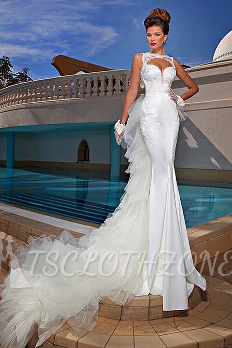 Mermaid Satin Bateau Wedding Dresses 2022 Open Back Tulle Bowknot Bridal Dresses with Beadings