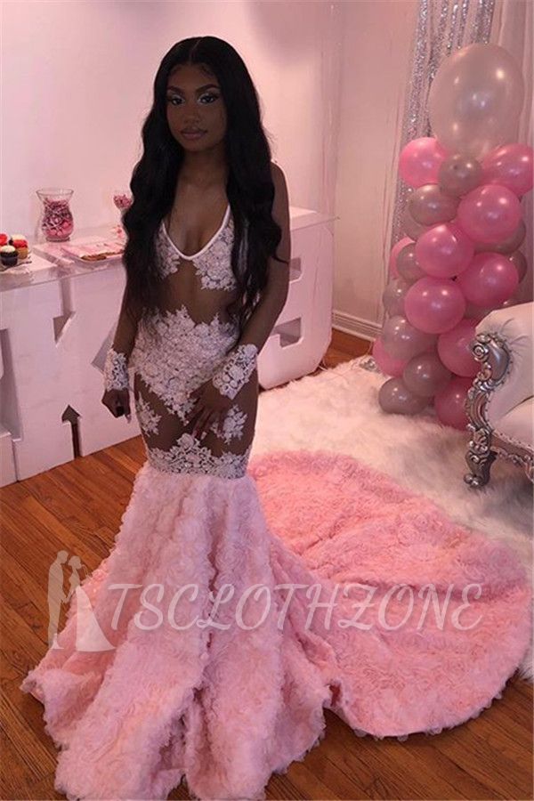 Pink Flowers Sexy V-neck Alluring Prom Dresses | Sheer Tulle Appliques Fit and Flare Evening Gowns