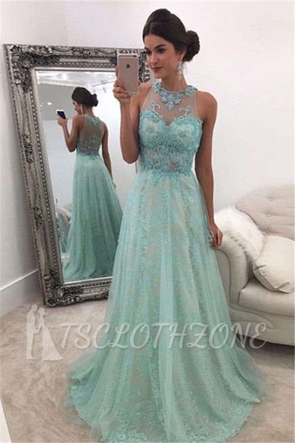 Glamorous A-line Sleeveless Lace Evening Dresses 2022 Floor Length Prom Dresses