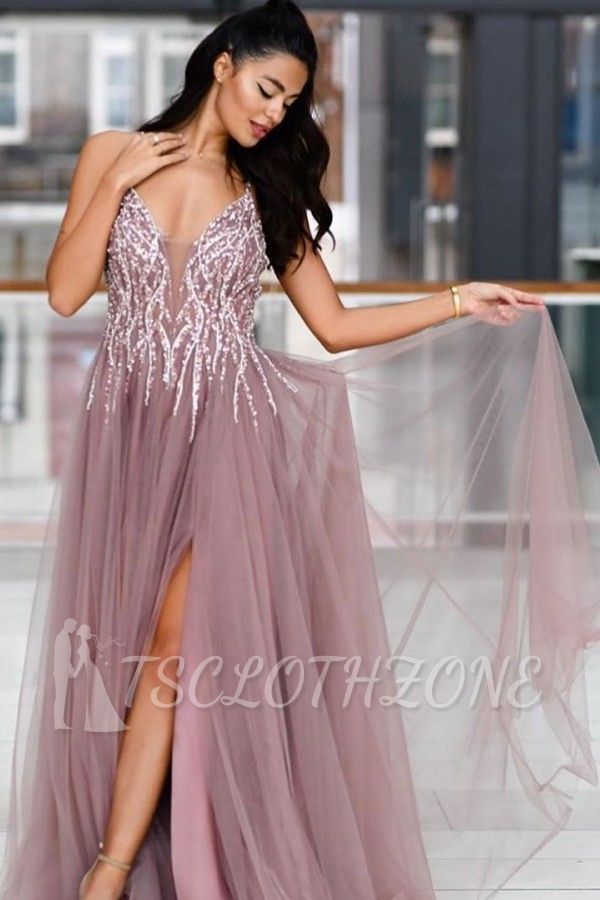 Sparkle Sequined High split Dusty pink Criss-cross Back Prom Dresses