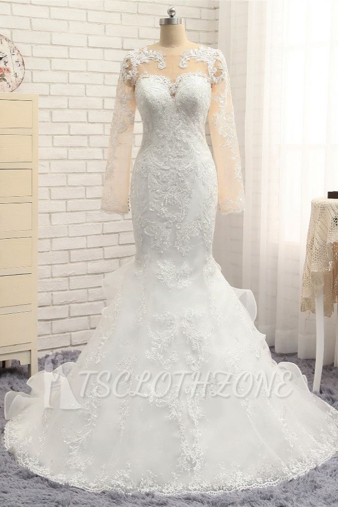 TsClothzone Elegant Jewel Mermaid Lace Wedding Dress Long Sleeves White Appliques Bridal Gowns On Sale