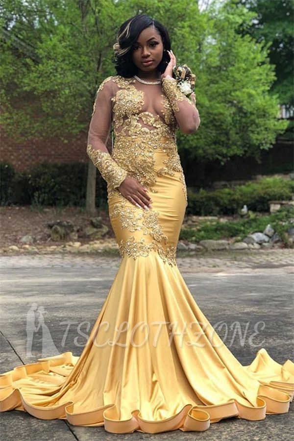 Long Sleeves Sheer Tulle Gold Shinny Beads Appliques Mermaid Prom dresses