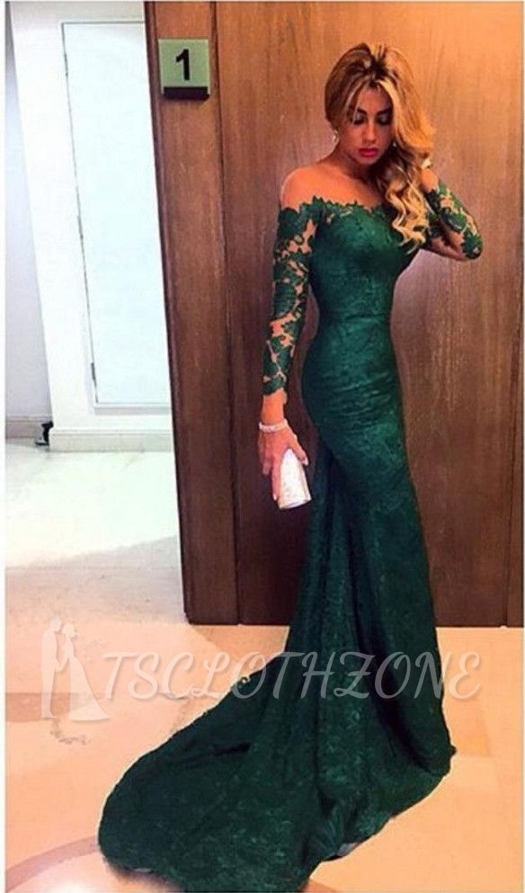 2022 Dark Green Prom Dresses Long Sleeve Lace Sheath Evening Gown Bag258