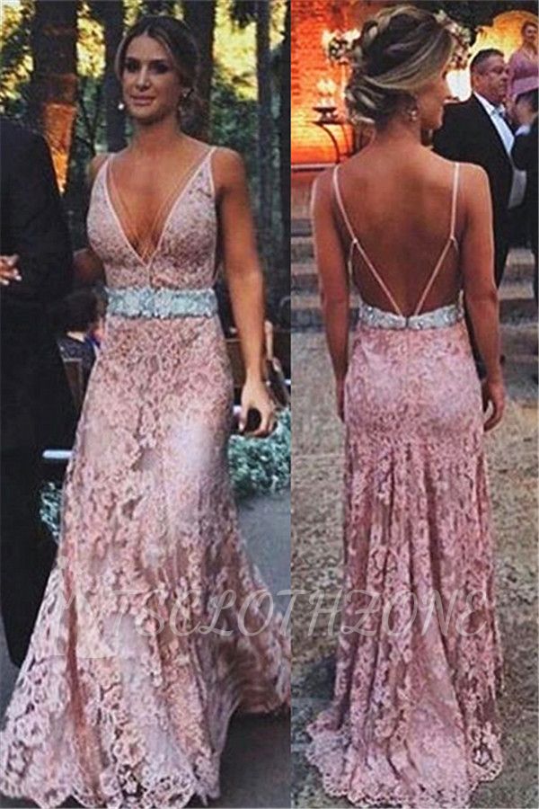 Blush Pink Lace 2022 Abendkleider Lange Spaghettiträger mit tiefem V-Ausschnitt und offenem Rücken 2022 Abendkleid