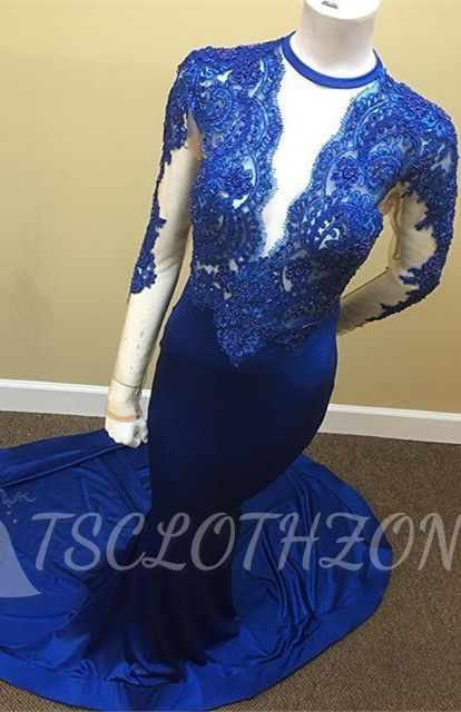 Sheath Scoop Royal-Blue Lace Long-Sleeve Appliques Tulle Sheer Prom Dress 2022