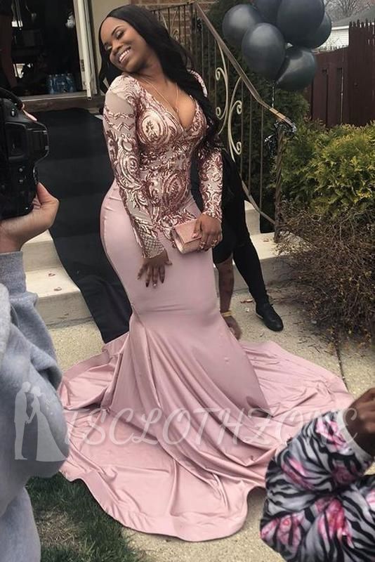 Curvy V-neck Long Sleeves Mermaid Appliques Pink Prom Dresses