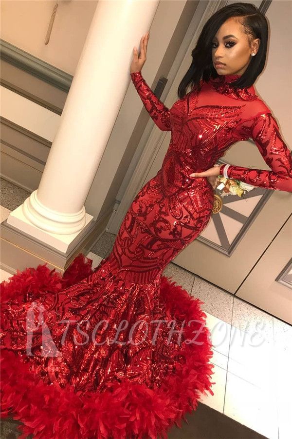 Long Sleeve Mermaid Red Prom Dresses Cheap 2022 | Sequins Appliques Feather Evening Dress