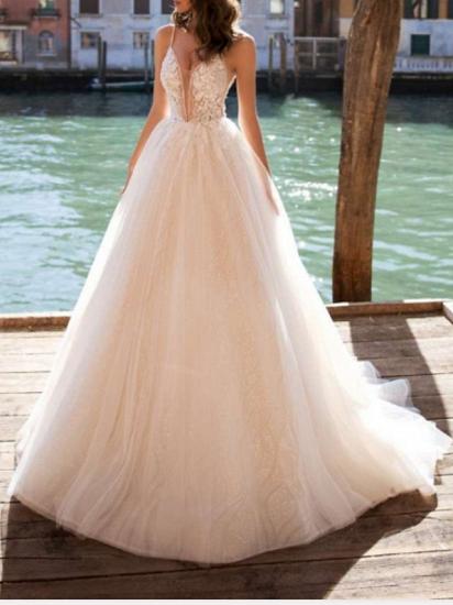 Boho See-Through A-Line Wedding Dress V-Neck Tulle Charmeuse Spaghetti Strap Bridal Gowns Court Train_1