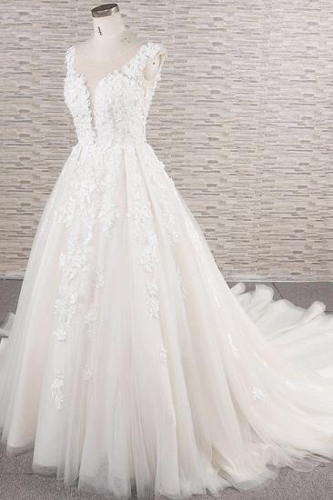 Elegantes A-Linien-Hochzeitskleid mit Juwelenträgern | Champgne-Tüll-Brautkleider mit Applikationen_4