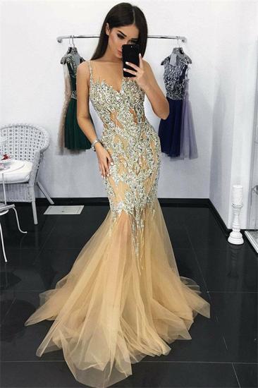Gorgeous Mermaid Tulle Evening Dresses | Spagehtti Straps Crystals Formal Party Dresses_2