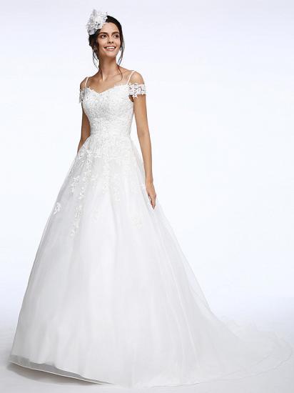 Ball Gown Wedding Dress Off Shoulder Organza Beaded Lace Short Sleeve Bridal Gowns with Court Train_6