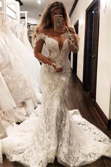 Glamorous Off-the-Shoulder Long Sleeves V-Neck Appliques Mermaid Floor-Length Wedding Dresses