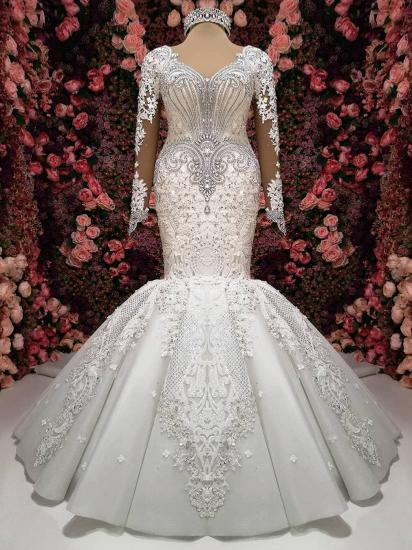 Luxury Crystals Mermaid Bridal Gowns | Long Sleeves Chapel Train Wedding Dresses