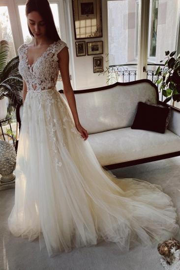 designer wedding dresses v neckline | A line wedding dresses with lace