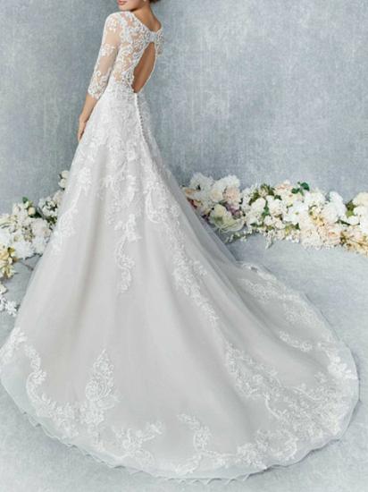 Illusion A-Line Wedding Dress Jewel Tulle 3/4 Length Sleeve Bridal Gowns Court Train_3