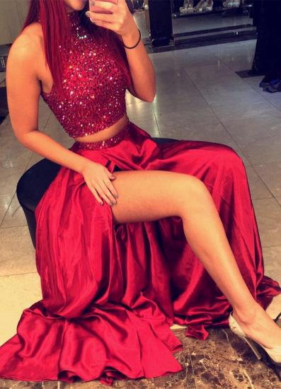 Red High Neck Two Piece Evening Dresses Online Sleeveless Split Prom Dress with Beads