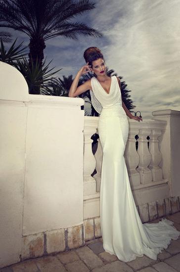 Sexy White V-Neck Bridal Dresses 2022 Mermaid Lace Sweep Train Backless Wedding Dresses_3