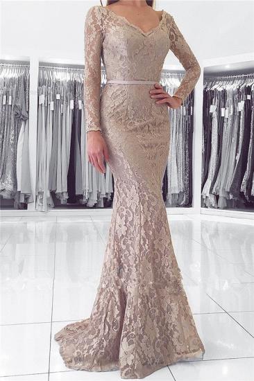 2022 Long Sleeve Lace V-neck Evening Dresses Mermaid Open Back Buttons Grey Prom Dress