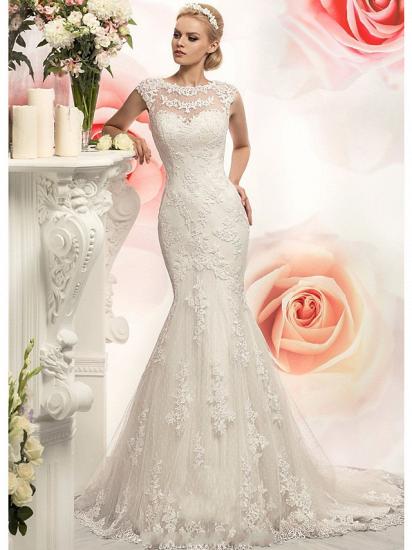 Mermaid Wedding Dress Jewel Lace Tulle Cap Sleeve Bridal Gowns with Court Train