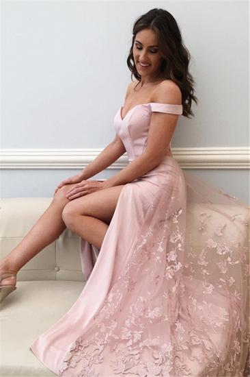 Pink Off Shoulder Sheath Prom Dresses | Side Slit Lace Evening Dresses 2022_1
