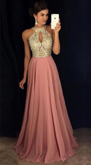 Crystals High Neck Sleeveless Sexy Prom Dresses 2022 Pink Chiffon Keyhole Evening Gown_2