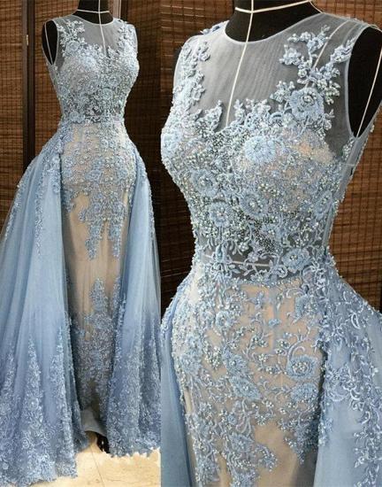 Gorgeous Column Sleleveless Long Evening Dresses | Lace Appliques Beading Sexy Prom Dress with Overskirt_2