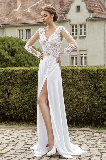 Most Popular Lace Chiffon Bridal Dress Appliques Side Slit Long Sleeve Sweep Train 2022 Wedding Dress