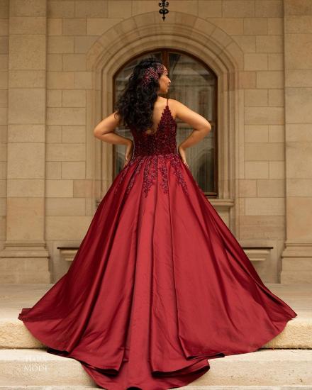 Stylish Red V-Neck A-line Satin Evening Dress 3D Beadings Lace Appliques_2