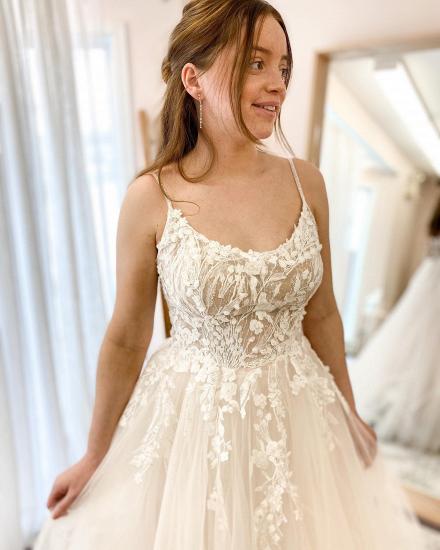 Spaghetti Strapes Floral Lace Aline Long Wedding Dress_2