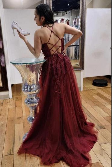 Charming Halter Burgundy Tulle Evening Dress Aline Lace Appliques Floor Length Gown_2