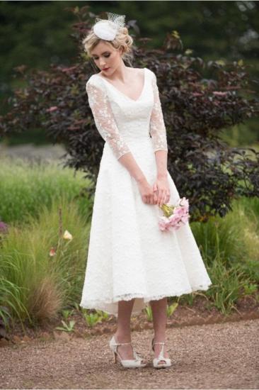 Gorgeous White 2/3 sleeves V-neck Short Garden Wedding Dress_1