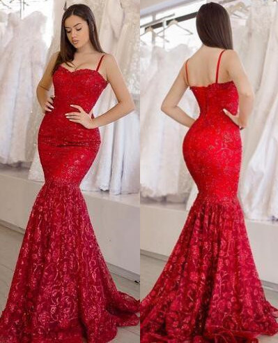 Glamorous Red Lace Long Evening Dresses | 2022 Spaghetti Straps Mermaid Evening Gowns Online_1