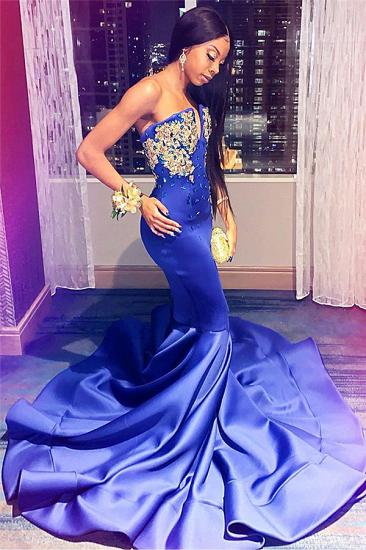 Sexy Strapless Royal Blue Prom Dresses with Gold Appliques | Sleeveless Mermaid Evening Gowns with Court Train