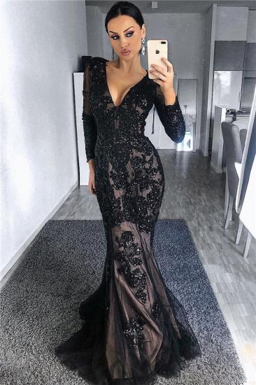 Charming Black Tulle Nude Lining Evening Dresses with Sleeves | Elegant Long Sleeve Beads Appliques Prom Dresses_2