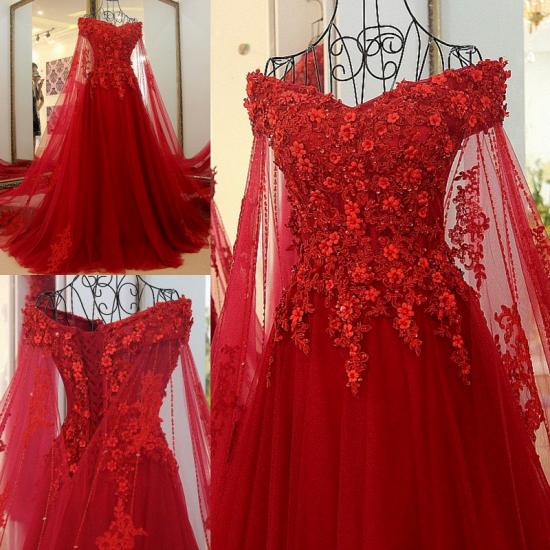 Stunning Red Off-the-shoulder A Line V Neck Floor-length Lace-up Beading Prom Dress_6