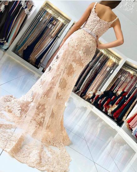 Alluring Elegant Lace Spaghetti Strap Sexy Mermaid Prom Dresses | Sleeveless Evening Dresses with Over-skirt_2