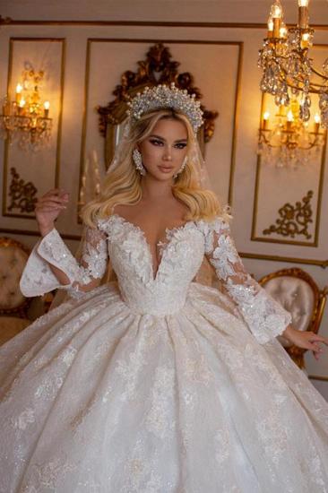 Elegant Sweetheart Long Sleeve Ball Gown Lace Wedding Gowns Bridal Dresses_4
