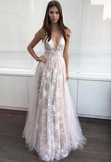 Deep-V-Neck Lace-Appliques Layers Sexy A-line Prom Dresses